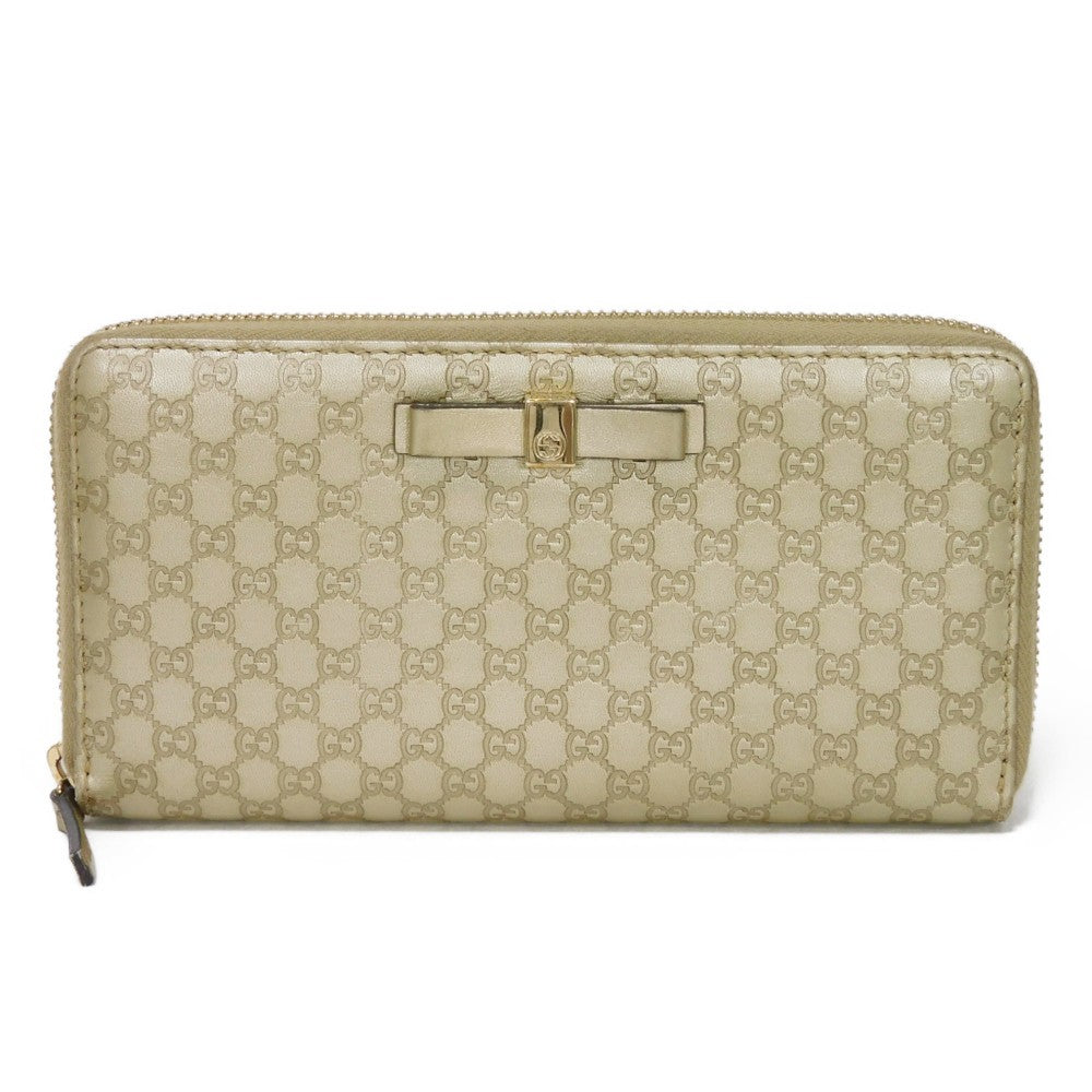 GUCCI Long Wallet Purse 388680 GG striped leather Champagne Gold Micro GG Shima Guccissima Ribbon Zip Around Wallet