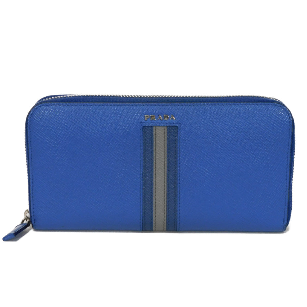 PRADA Long Wallet Purse 2ML317 Safiano leather (stamped) blue logo metal Saffiano striped round zip wallet