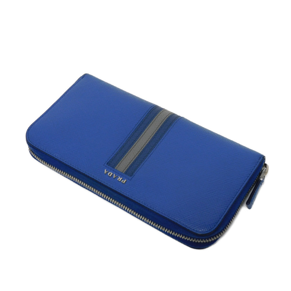 PRADA Long Wallet Purse 2ML317 Safiano leather (stamped) blue logo metal Saffiano striped round zip wallet