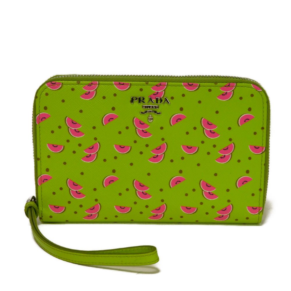 PRADA Long Wallet Purse 1ZH030 Safiano leather (stamped) Green / pink logo metal Saffiano Watermelon Smartphone Pouch