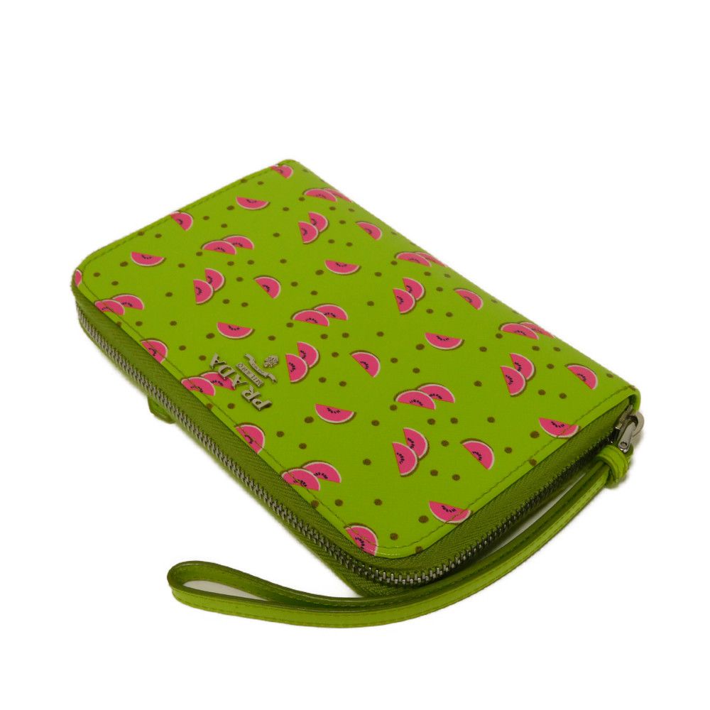 PRADA Long Wallet Purse 1ZH030 Safiano leather (stamped) Green / pink logo metal Saffiano Watermelon Smartphone Pouch