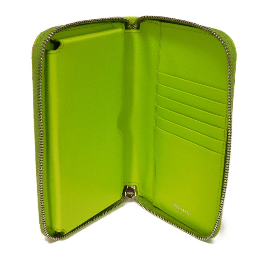 PRADA Long Wallet Purse 1ZH030 Safiano leather (stamped) Green / pink logo metal Saffiano Watermelon Smartphone Pouch