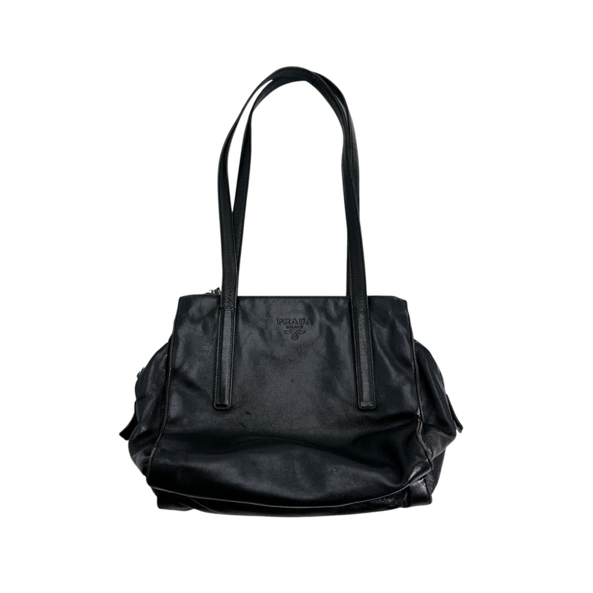 PRADA Tote Bag leather black Logo embossed