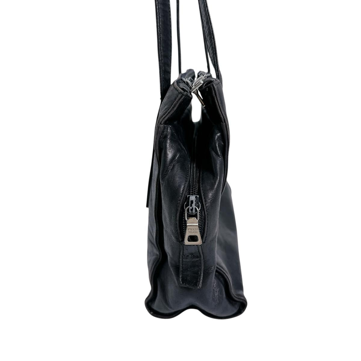 PRADA Tote Bag leather black Logo embossed