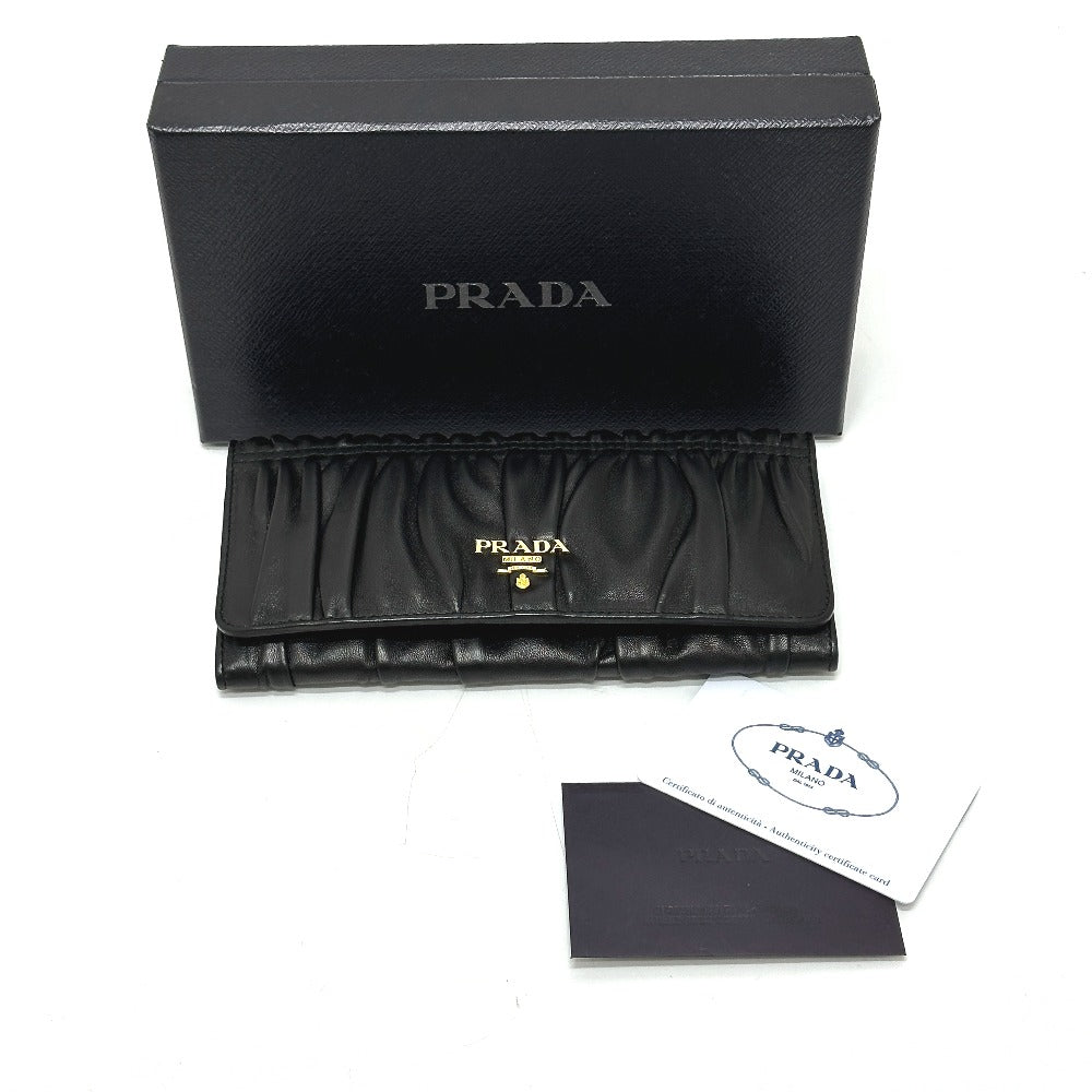 PRADA Long Wallet Purse 1M1132 leather black logo Gathered