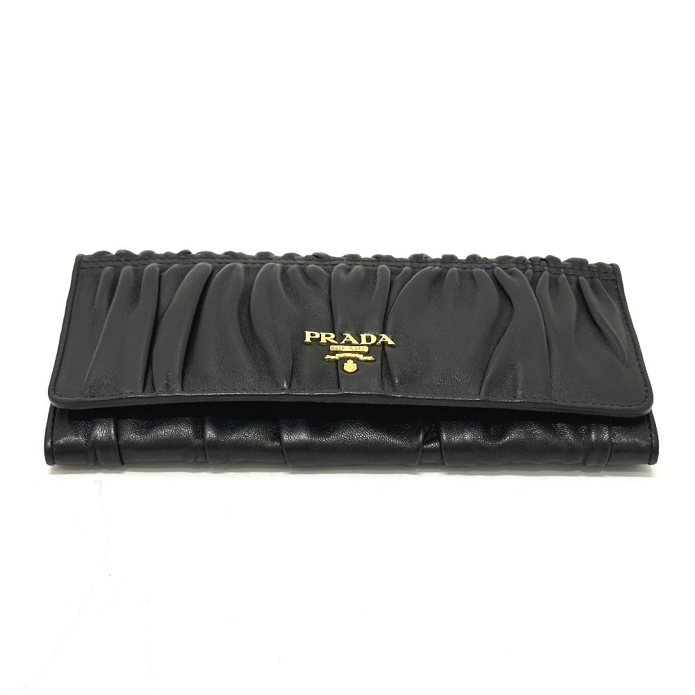 PRADA Long Wallet Purse 1M1132 leather black logo Gathered