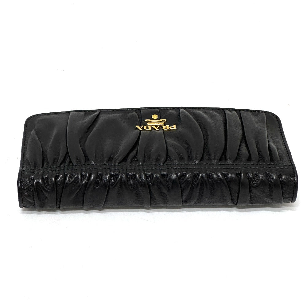 PRADA Long Wallet Purse 1M1132 leather black logo Gathered