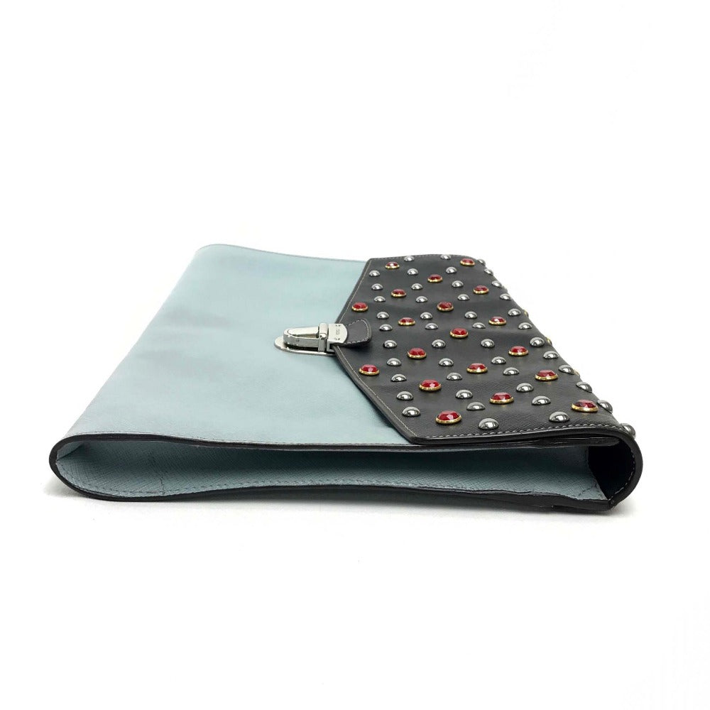 PRADA Clutch bag VR074C leather black Safiano Bijou x studs