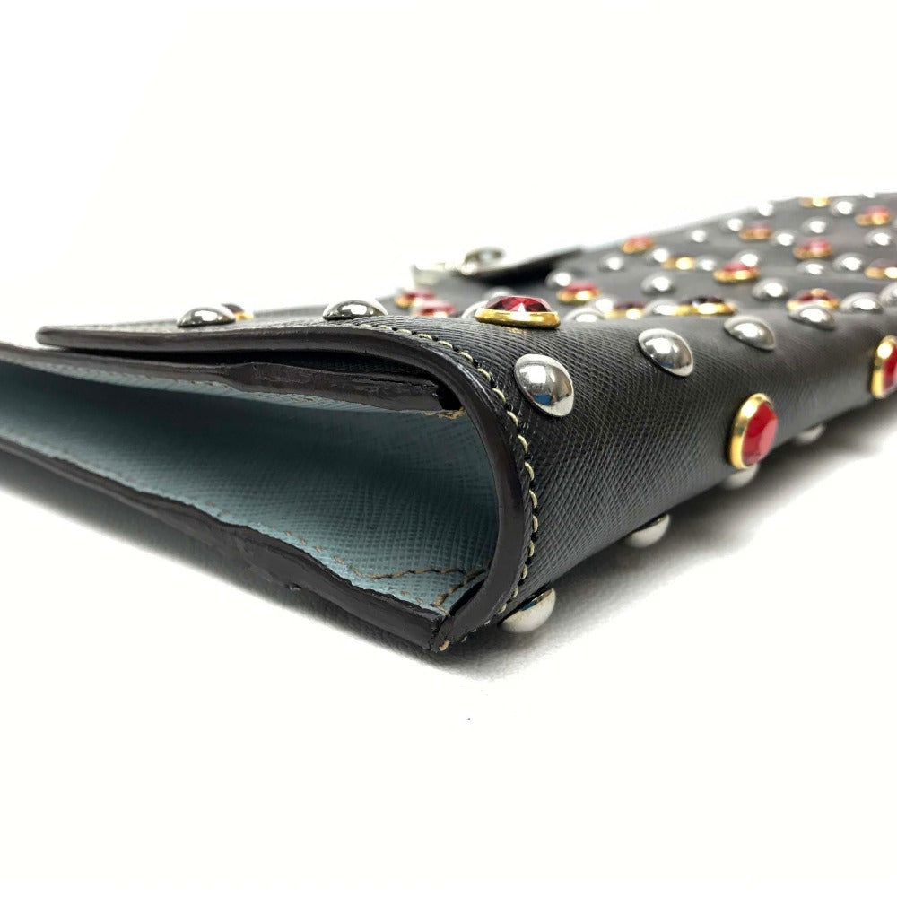 PRADA Clutch bag VR074C leather black Safiano Bijou x studs