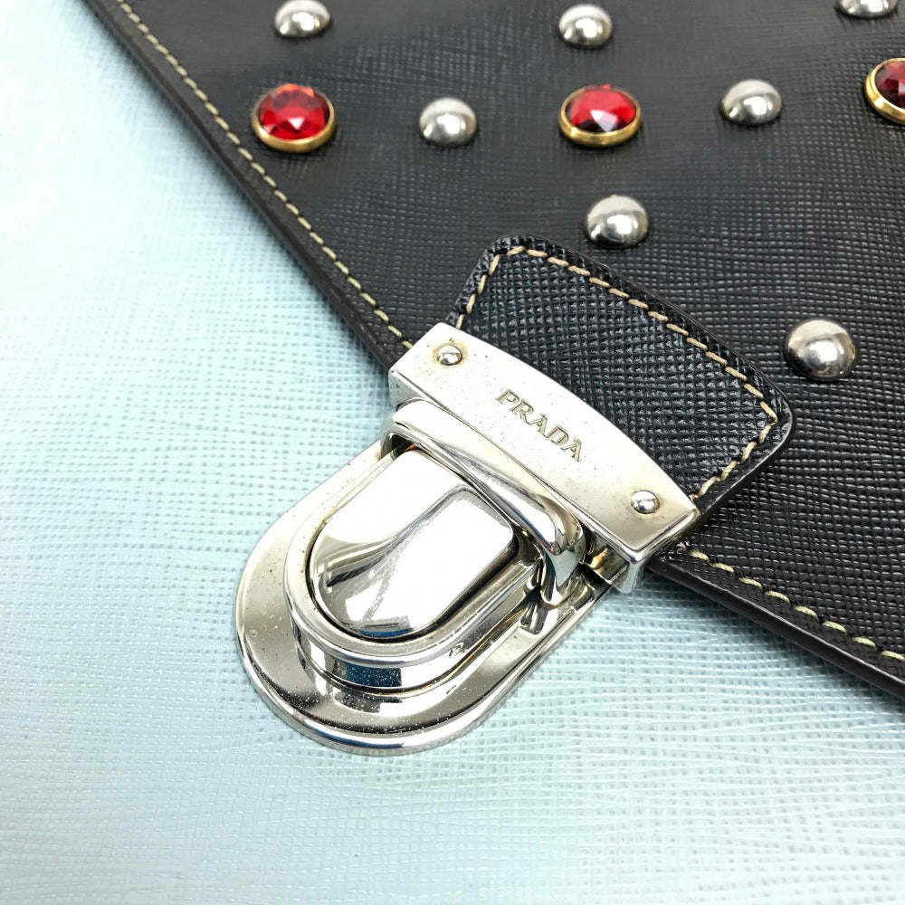 PRADA Clutch bag VR074C leather black Safiano Bijou x studs
