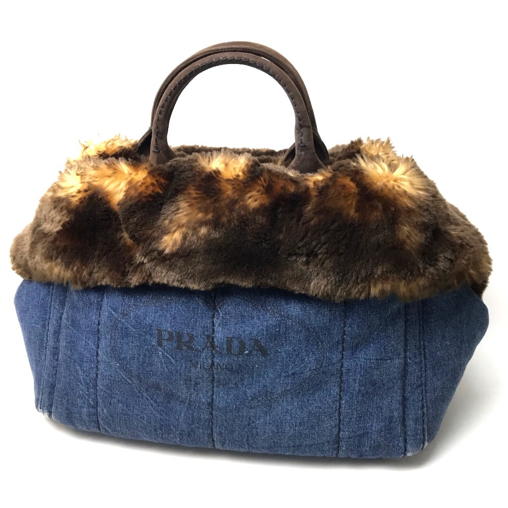 PRADA Tote Bag BN2182 Denim / fake fur / suede blue Fur with bag Canapa Women Used Authentic