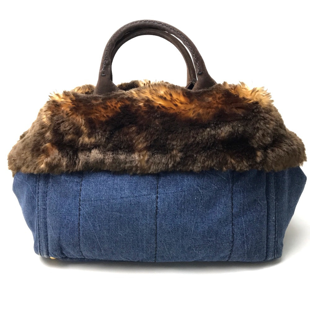 PRADA Tote Bag BN2182 Denim / fake fur / suede blue Fur with bag Canapa Women Used Authentic