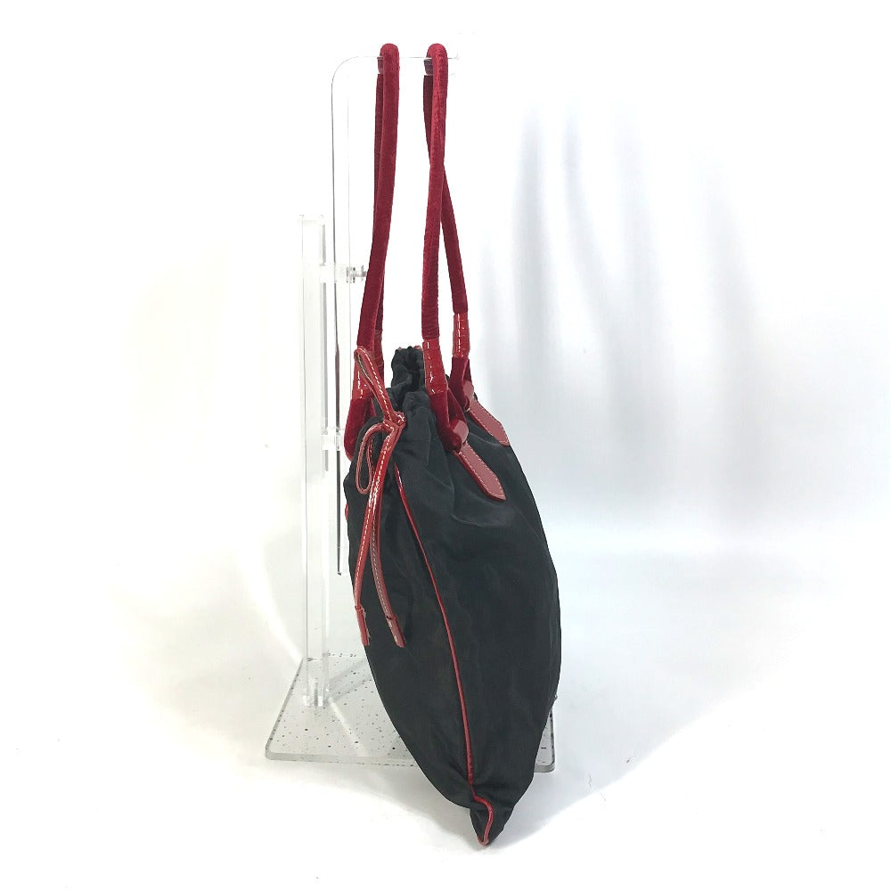 PRADA Handbag Patent leather, nylon, velour black By color logo drawstring bag triangle logo triangular logo plate