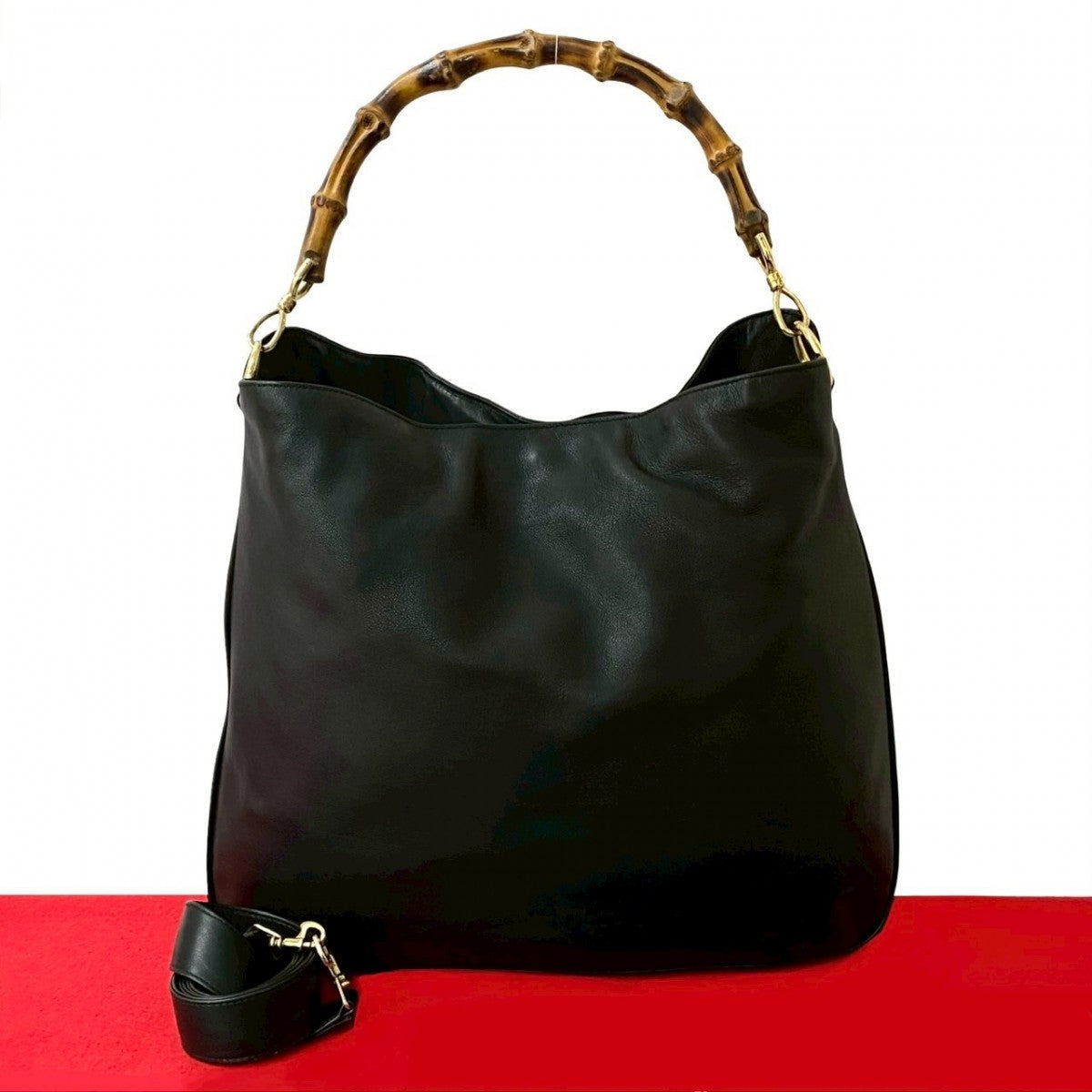 GUCCI Shoulder Bag leather black Bamboo