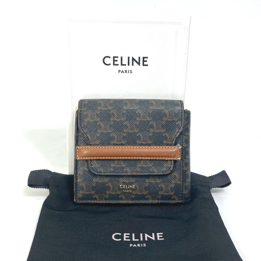CELINE Folded wallet leather Brown Card Case triomphe wallet mens Used Authentic
