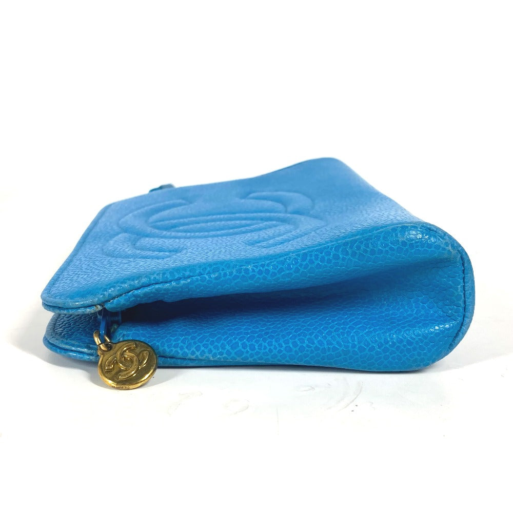 CHANEL Pouch Caviar skin blue Multi pouch CC COCO Mark