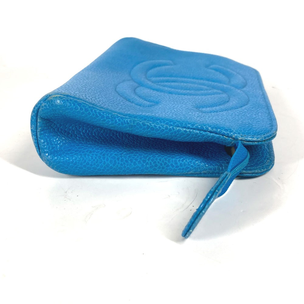CHANEL Pouch Caviar skin blue Multi pouch CC COCO Mark