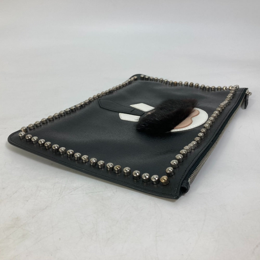 FENDI Clutch bag Leather, Fur black studded pouch Karl Lagerfeld Carlito mens Used Authentic