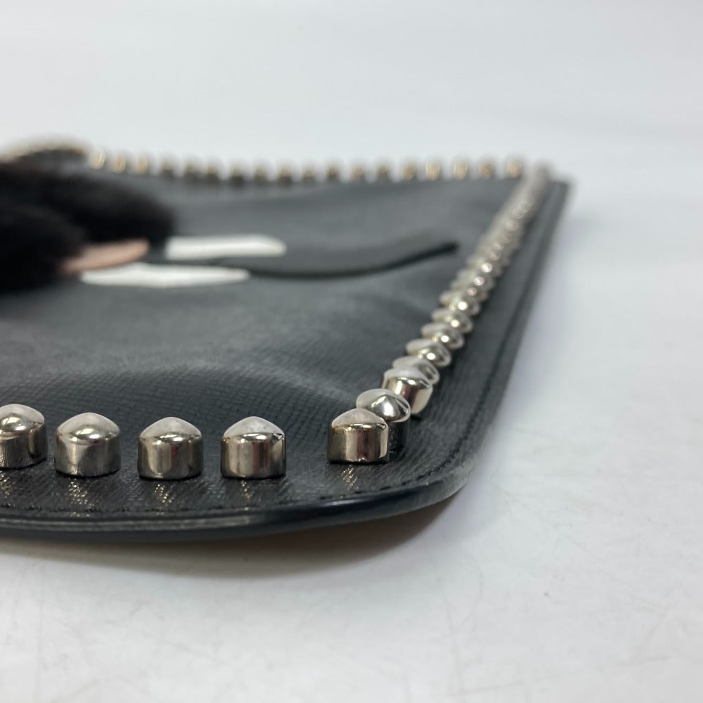 FENDI Clutch bag Leather, Fur black studded pouch Karl Lagerfeld Carlito mens Used Authentic