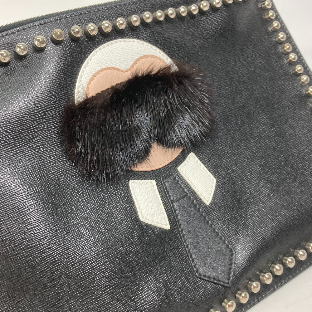 FENDI Clutch bag Leather, Fur black studded pouch Karl Lagerfeld Carlito mens Used Authentic