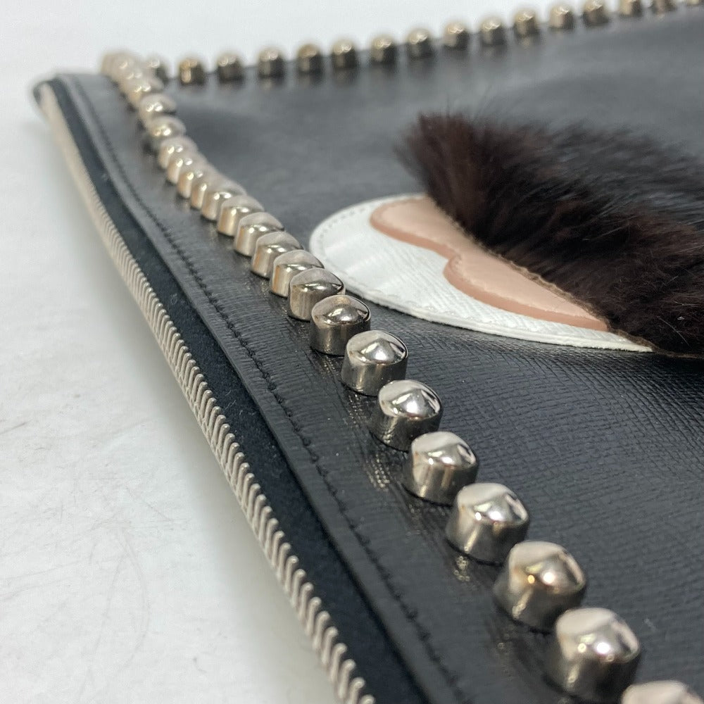 FENDI Clutch bag Leather, Fur black studded pouch Karl Lagerfeld Carlito mens Used Authentic