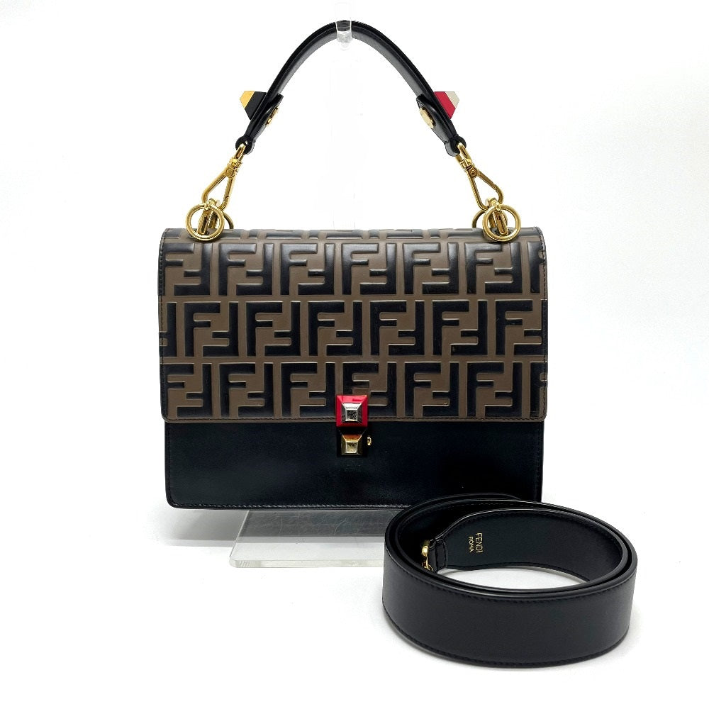 FENDI Handbag 8BT283 leather Brown x black FF Zucca Canai Women Used Authentic
