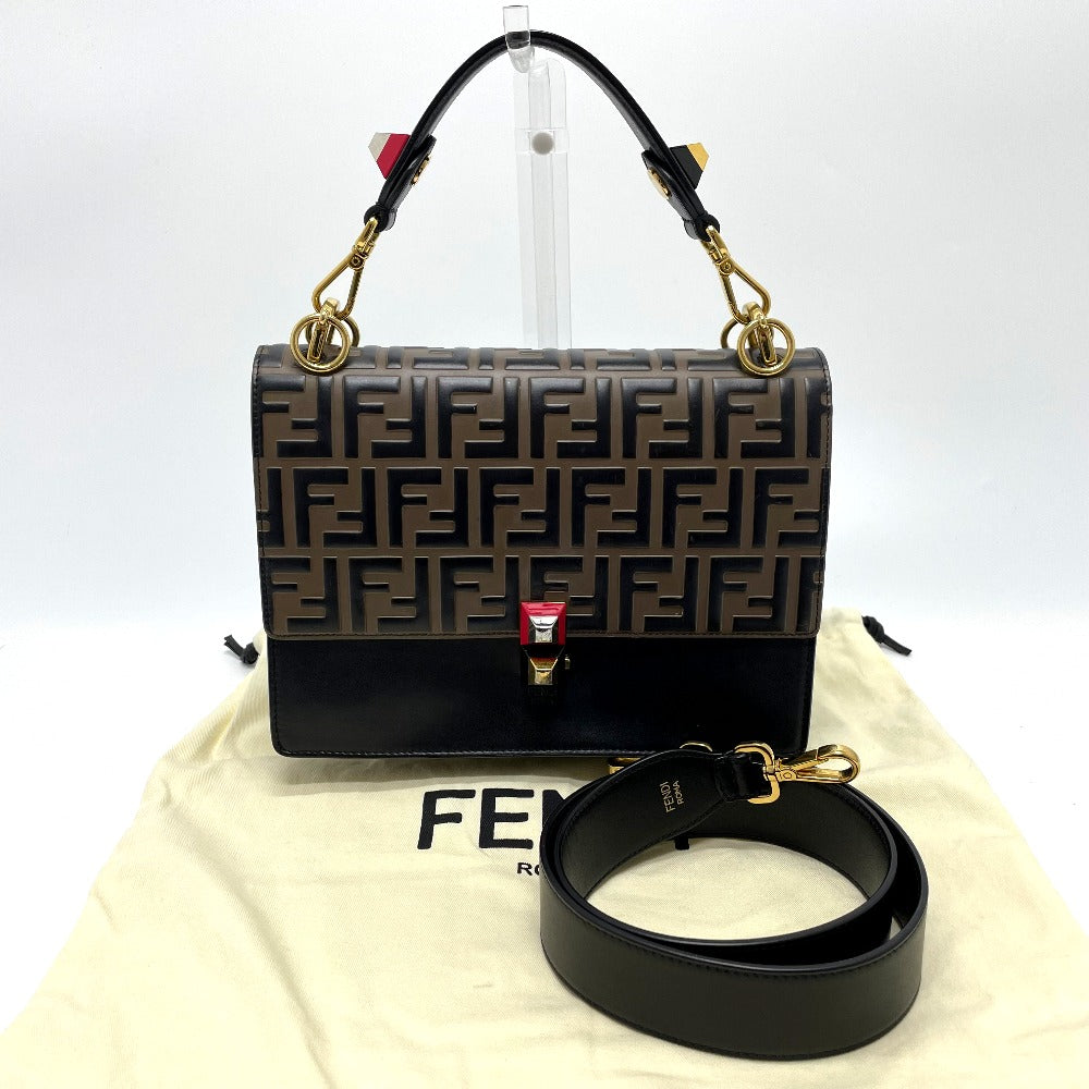 FENDI Handbag 8BT283 leather Brown x black FF Zucca Canai Women Used Authentic