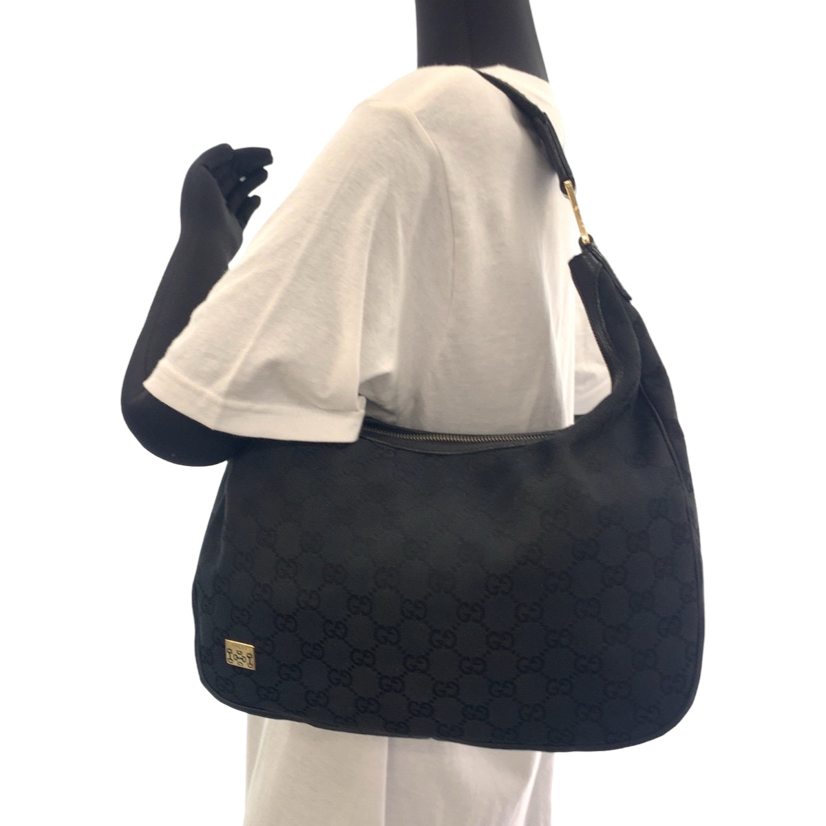 GUCCI Shoulder Bag 145757 GG canvas Black Silver Metal Hobo