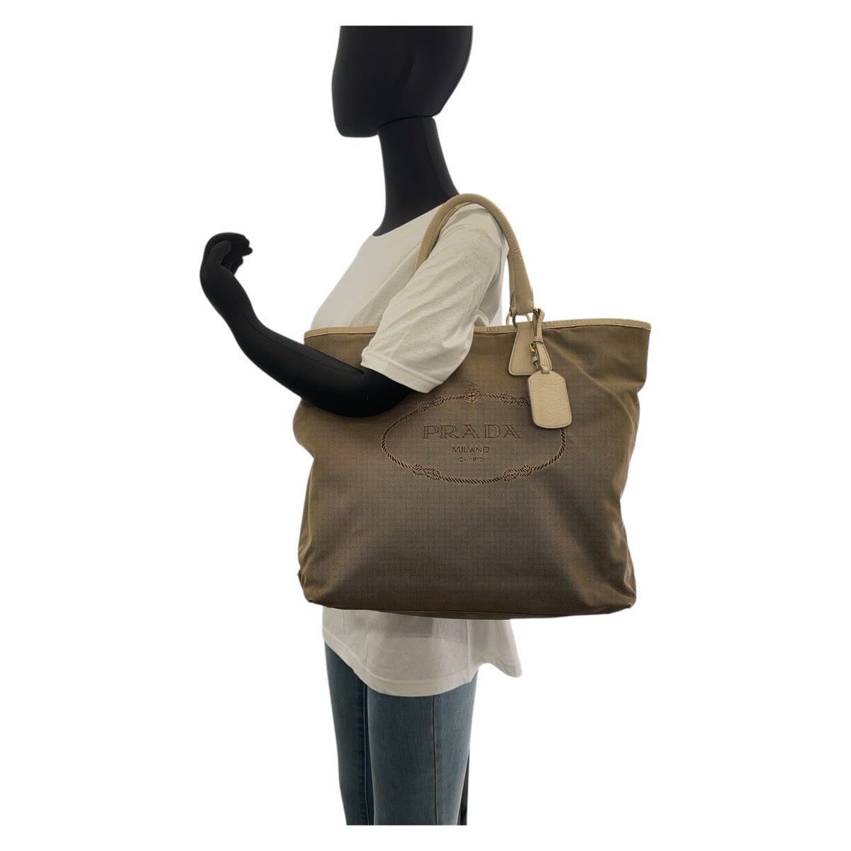 PRADA Tote Bag canvas Beige Gold Metal Logo jacquard