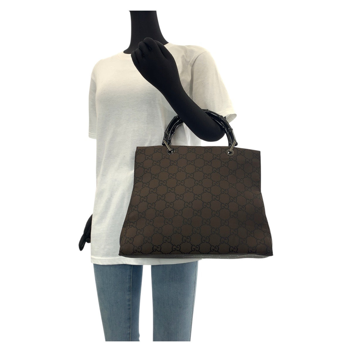 GUCCI Tote Bag 002 1010 GG canvas Brown Silver Metal Bamboo Jumbo GG