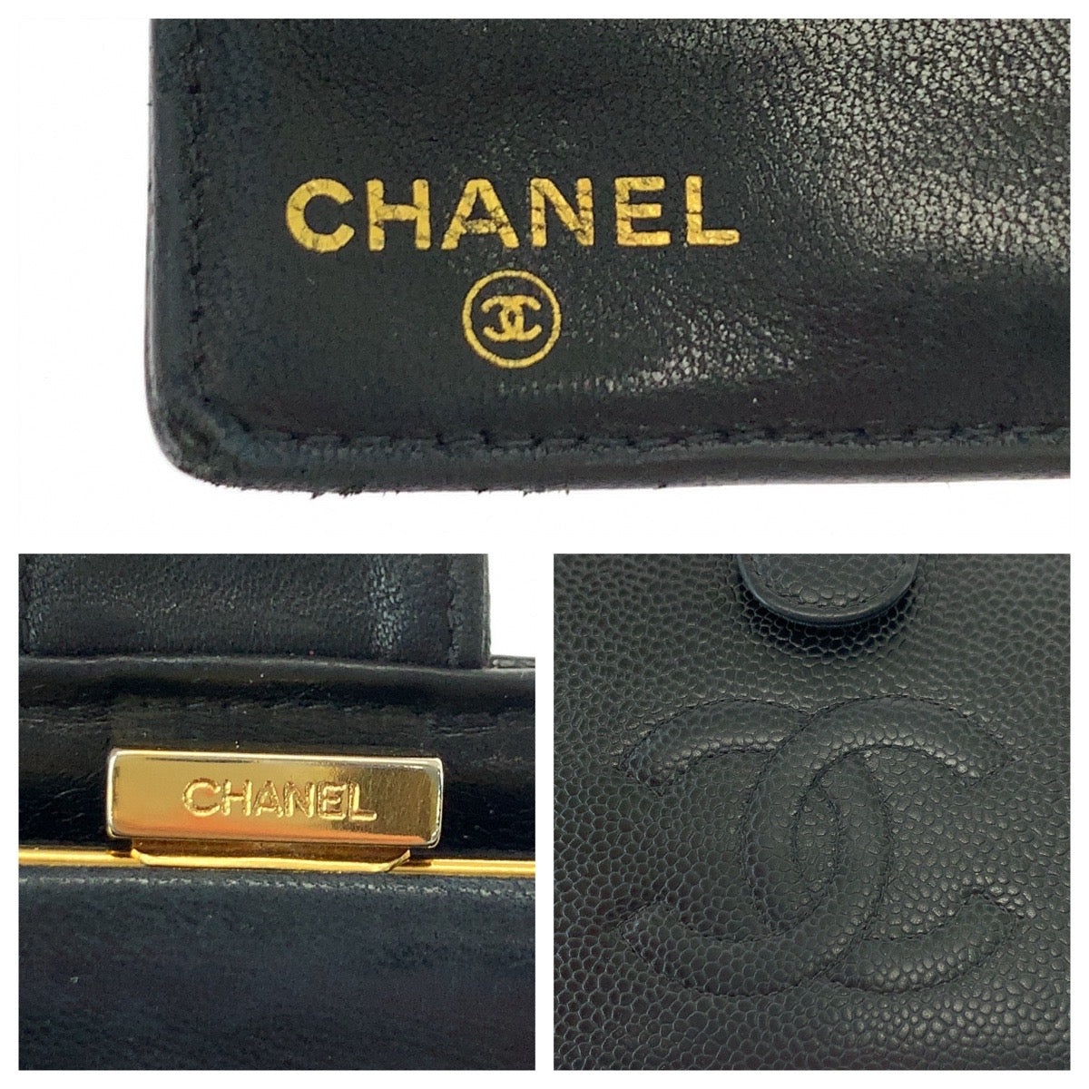 CHANEL Long Wallet Purse Caviar skin Black GoldMetal COCO Mark