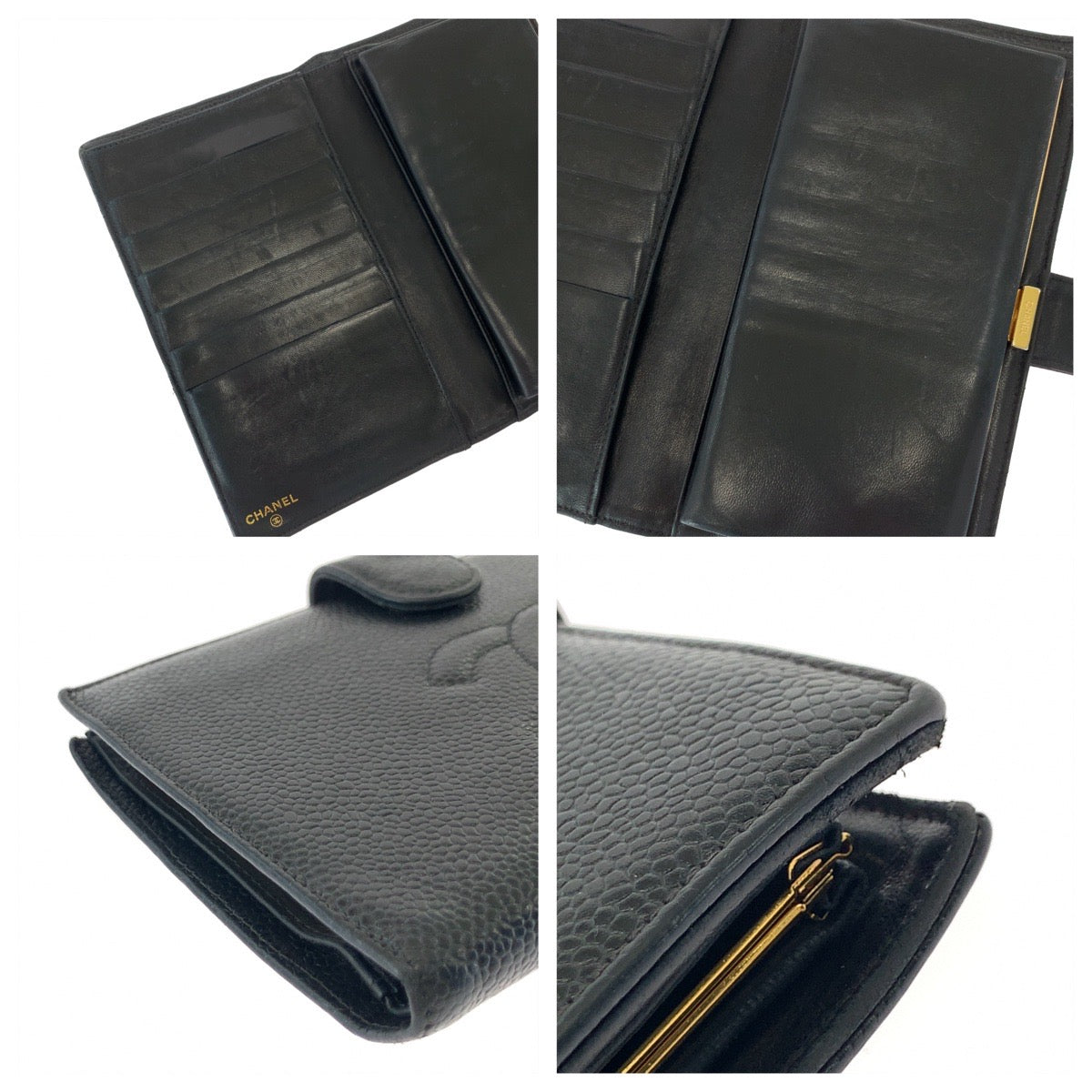 CHANEL Long Wallet Purse Caviar skin Black GoldMetal COCO Mark