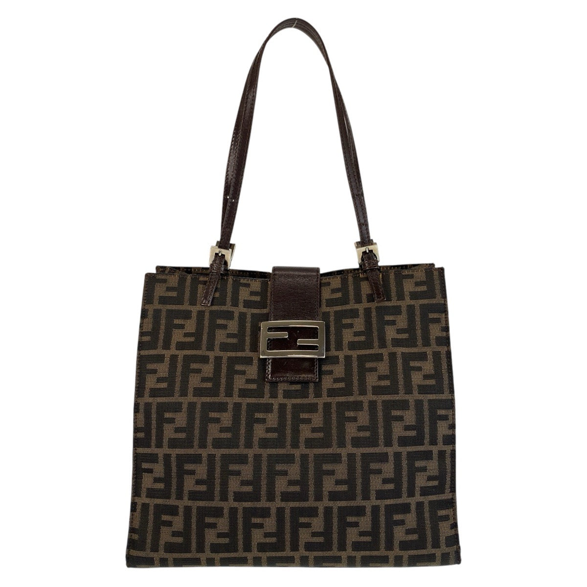 FENDI Tote Bag canvas Brown Silver Metal Zucca