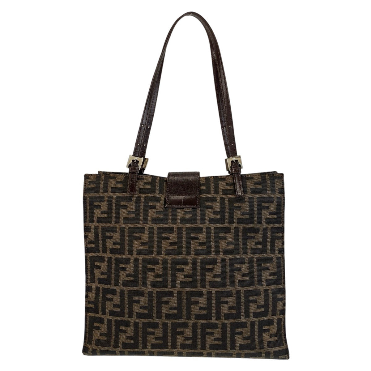 FENDI Tote Bag canvas Brown Silver Metal Zucca