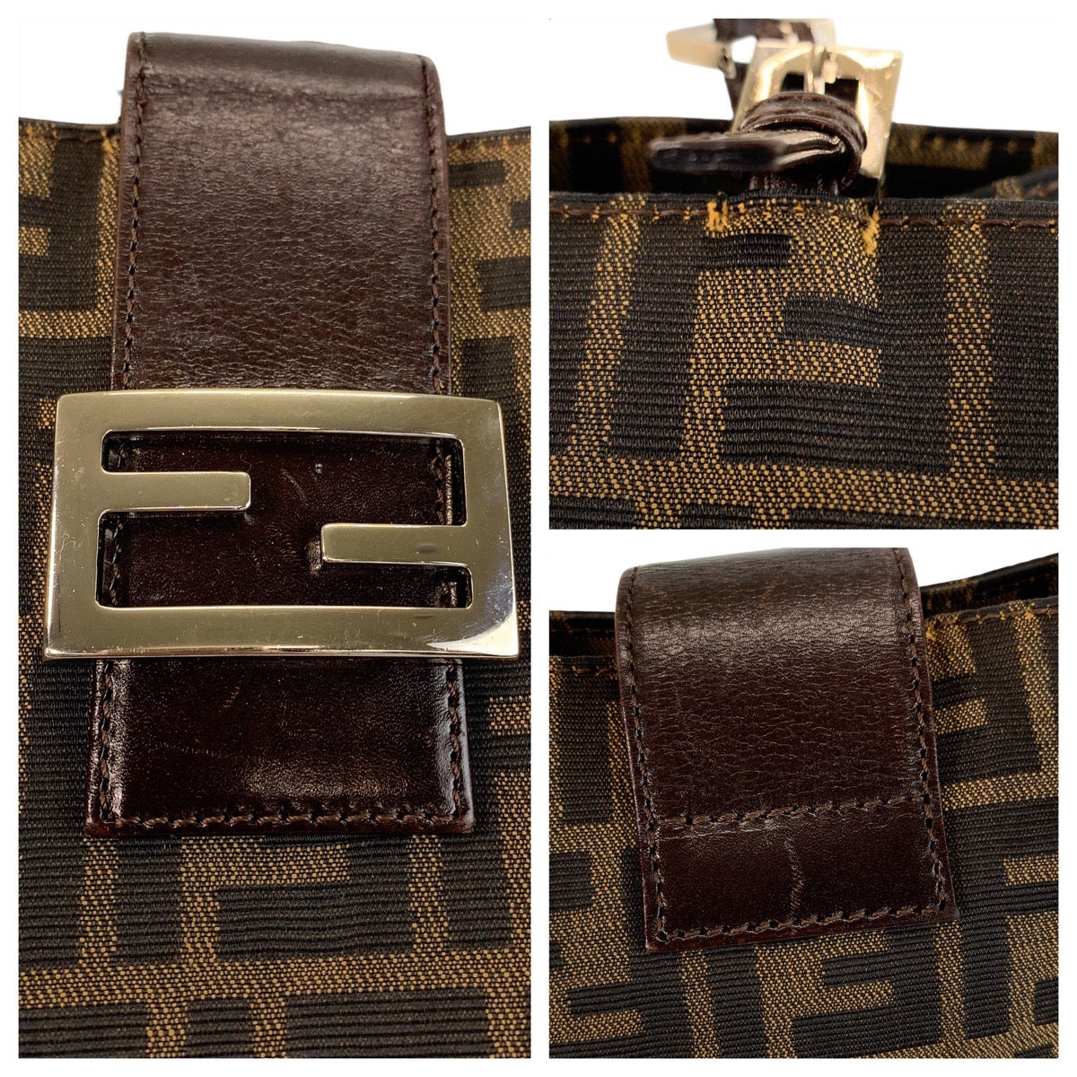 FENDI Tote Bag canvas Brown Silver Metal Zucca