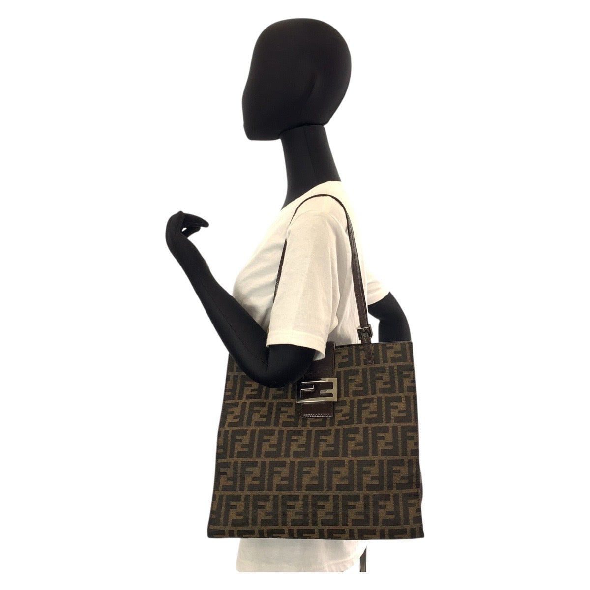 FENDI Tote Bag canvas Brown Silver Metal Zucca