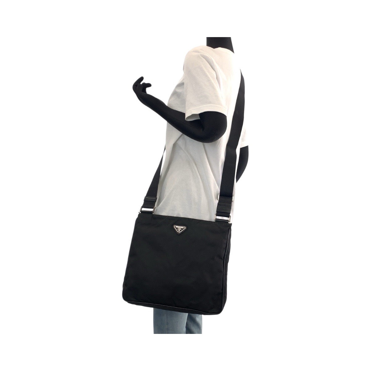 PRADA Shoulder Bag Nylon Black SilverMetal Testo Saffiano Triangle With logo