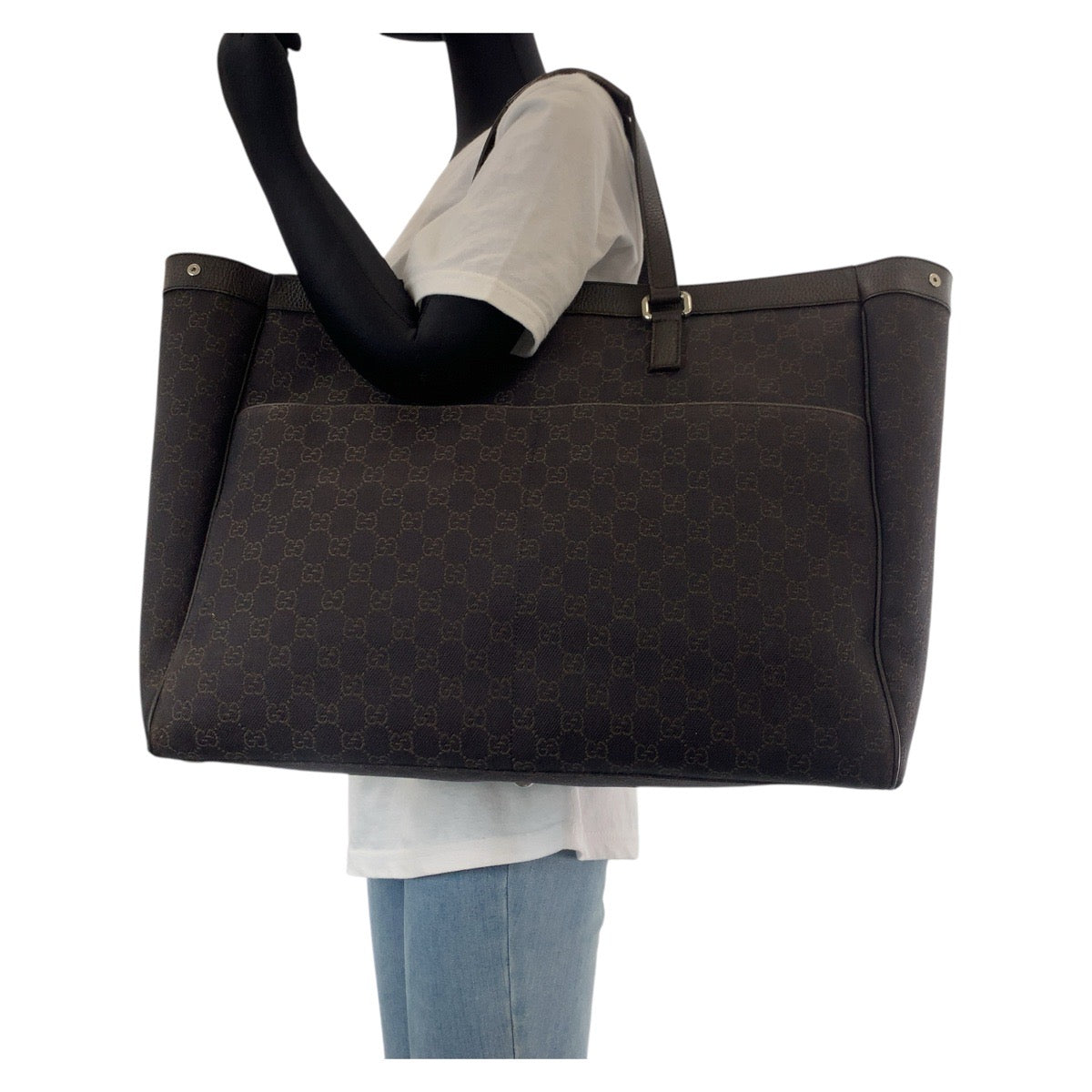 GUCCI Tote Bag 308410 GG canvas Brown Silver Metal