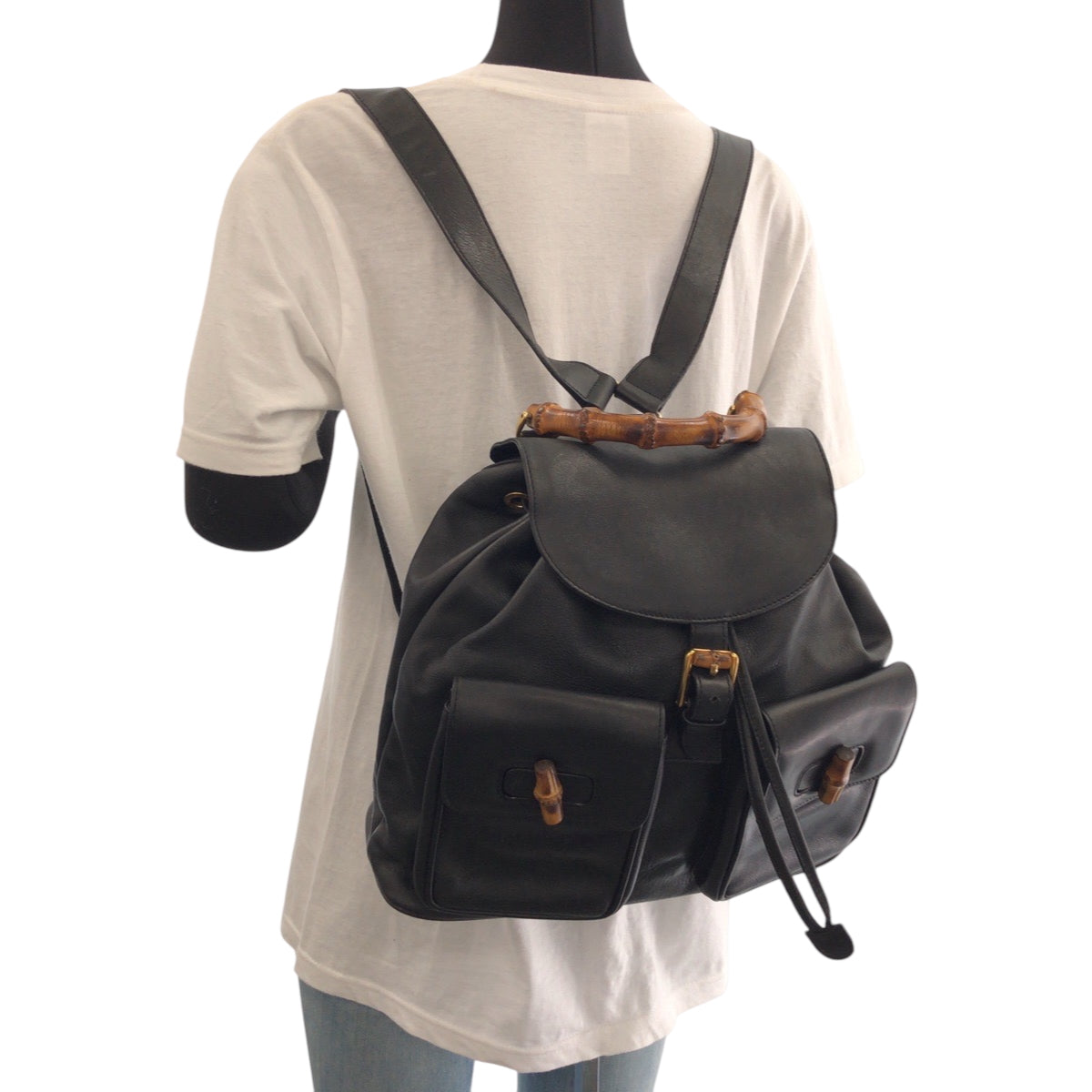 GUCCI Backpack 003 2058 0016 leather Black Brown Gold Metal Bamboo