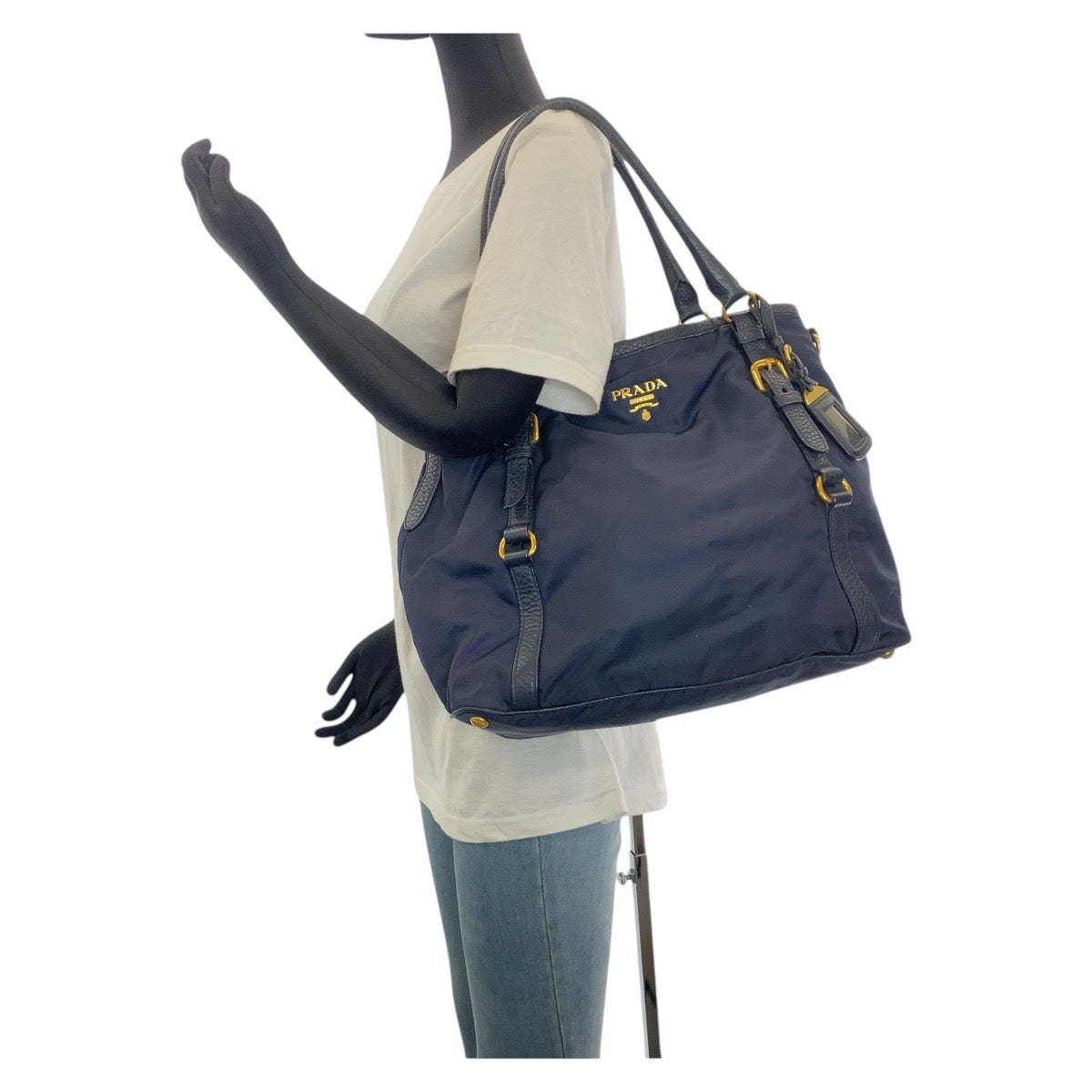 PRADA Shoulder Bag Nylon Navy Gold Metal