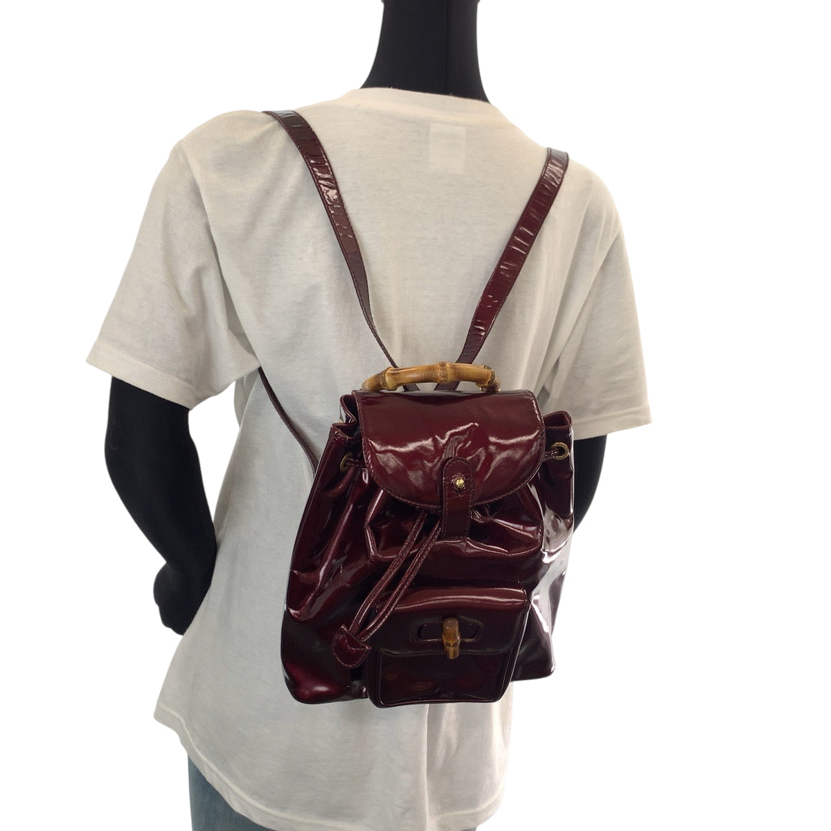 GUCCI Backpack 003 1998 0030 Patent leather wine red brown Bamboo