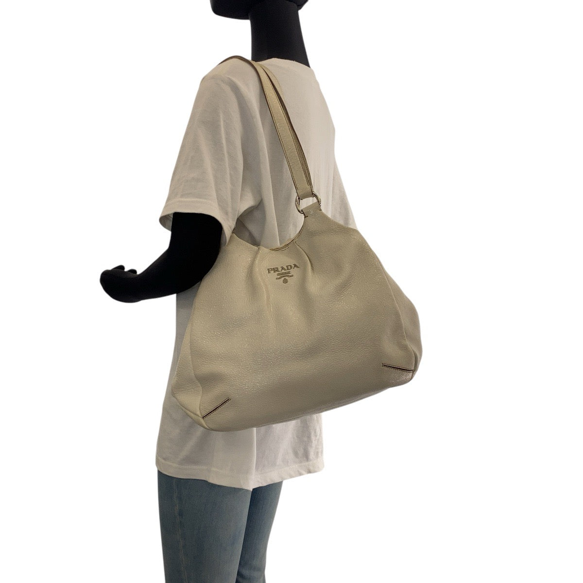 PRADA Shoulder Bag leather White SilverMetal