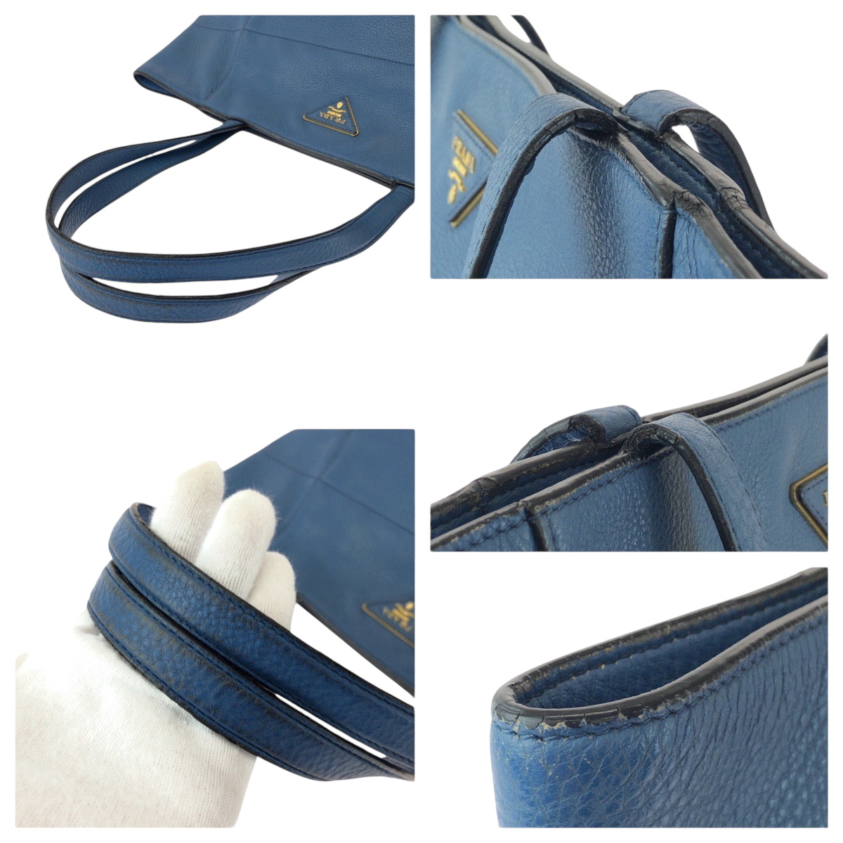 PRADA Tote Bag leather Blue GoldMetal Vitterodino Triangle With logo
