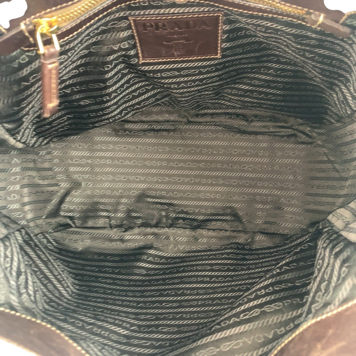 PRADA Shoulder Bag canvas Brown Gold Metal Logo jacquard