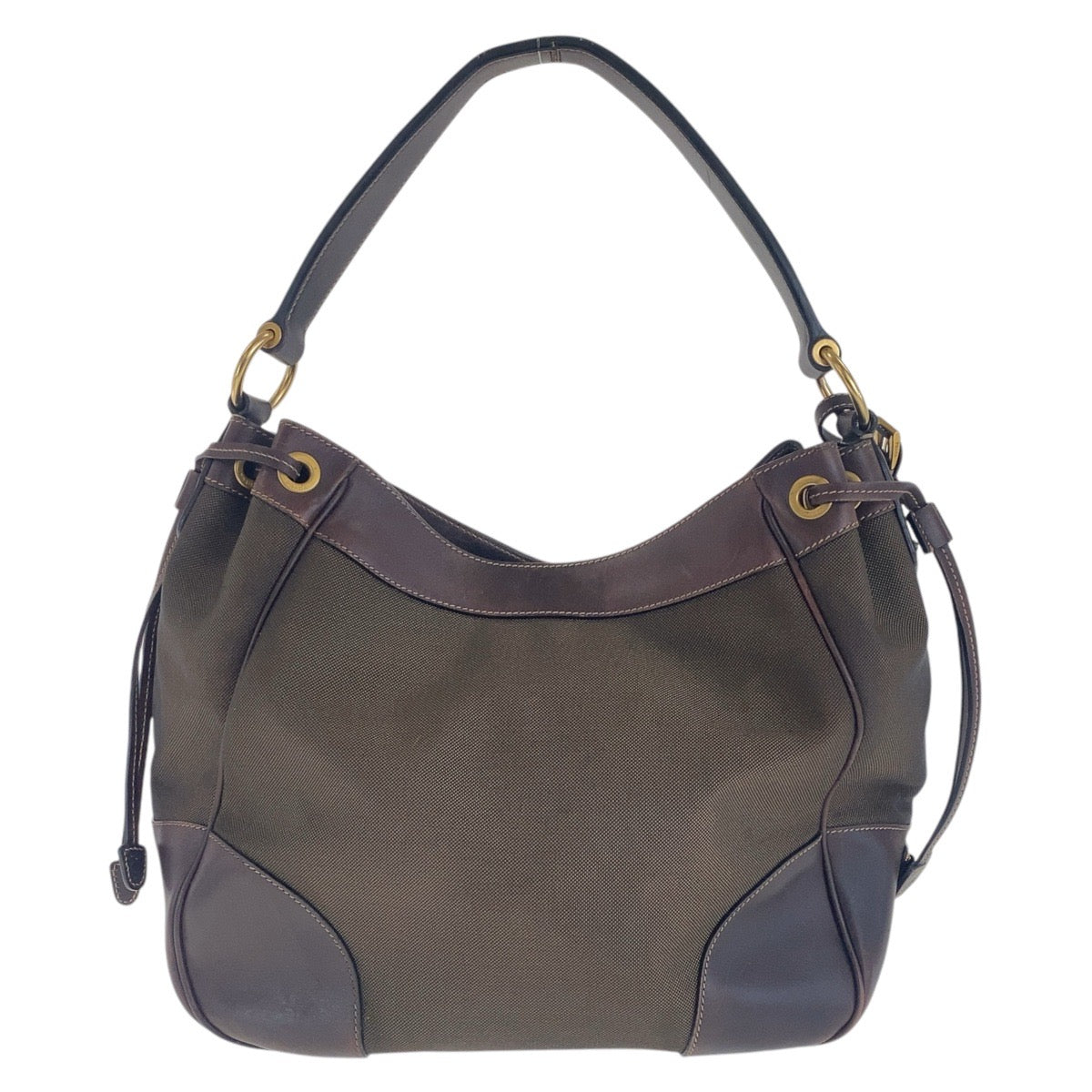 PRADA Shoulder Bag canvas Brown Gold Metal Logo jacquard