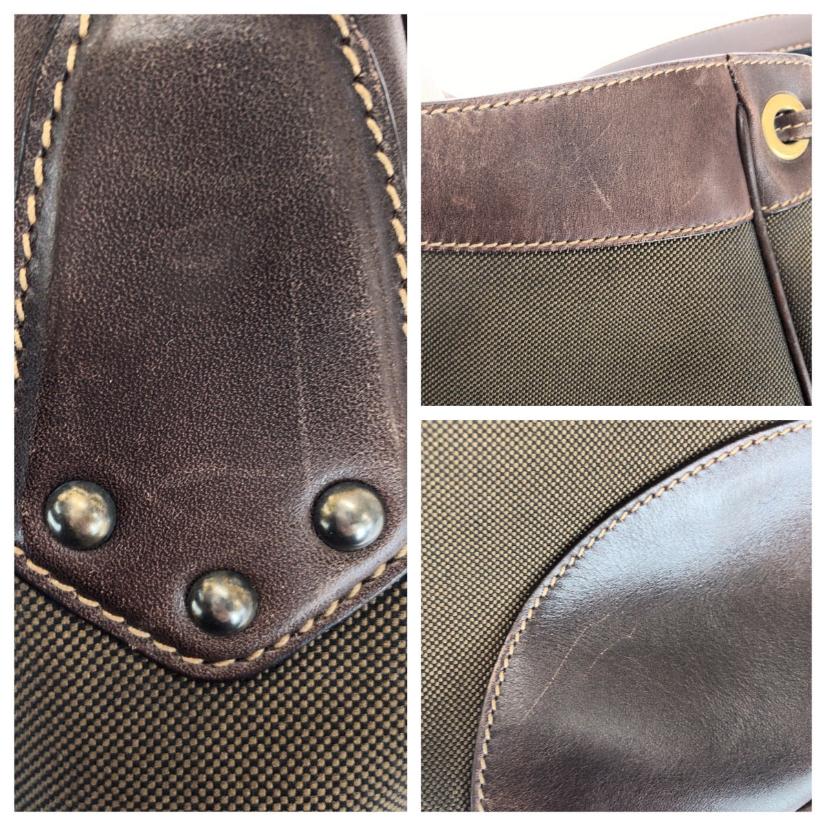 PRADA Shoulder Bag canvas Brown Gold Metal Logo jacquard