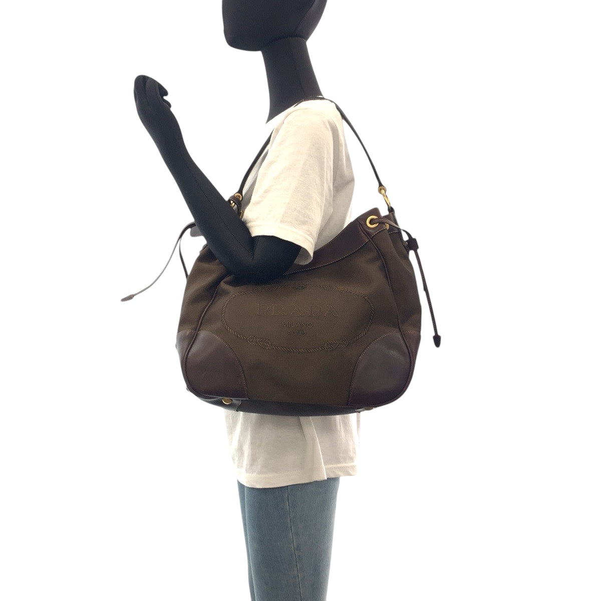 PRADA Shoulder Bag canvas Brown Gold Metal Logo jacquard