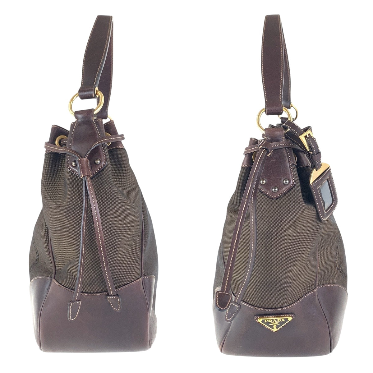 PRADA Shoulder Bag canvas Brown Gold Metal Logo jacquard
