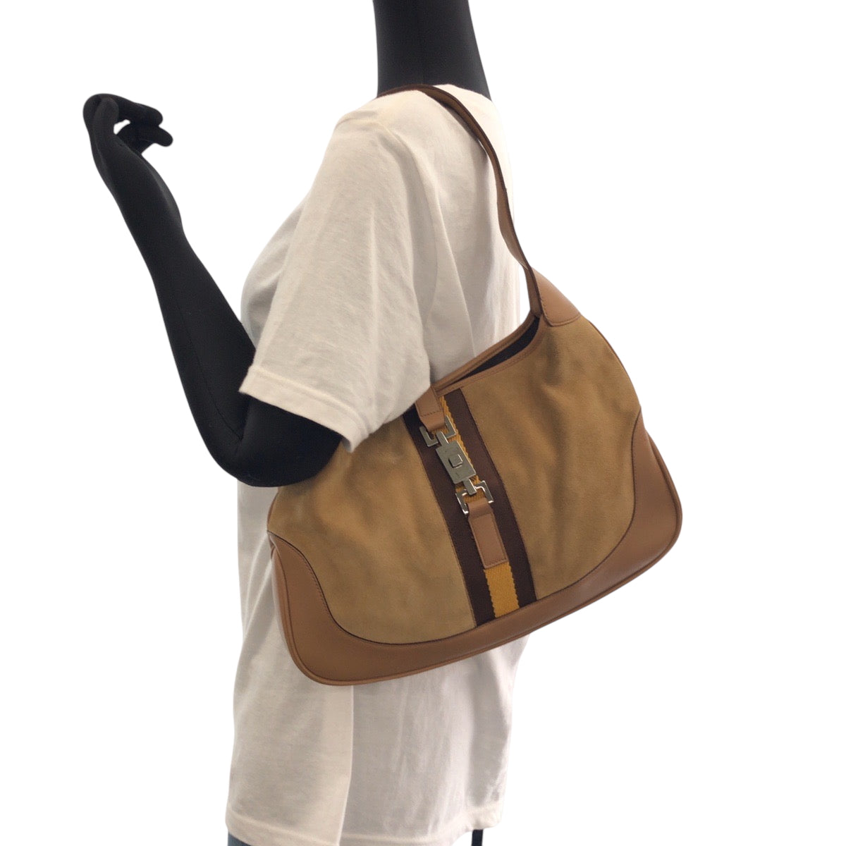 GUCCI Shoulder Bag 001 3306 Suede Camel Brown SilverMetal Jackie