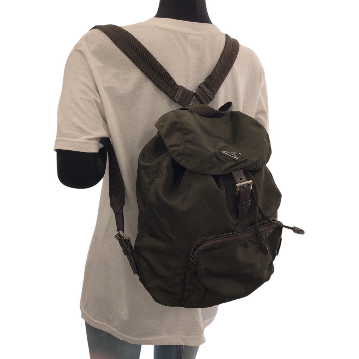 PRADA Backpack Nylon Khaki Brown SilverMetal Test Triangle With logo